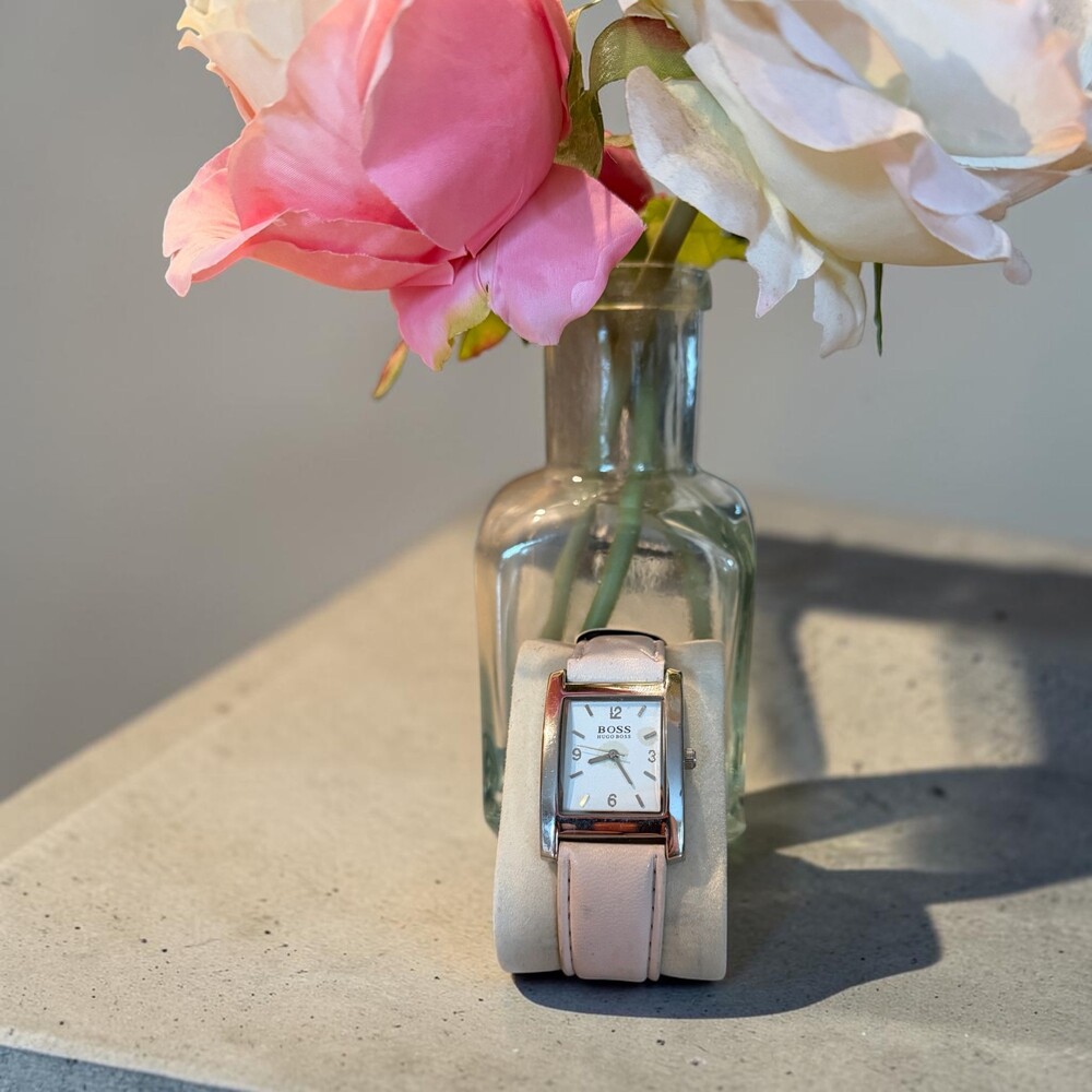 Hugo Boss BOSS Rectangular Quartz Watch Light Pink Leather Strap Genuine Leather